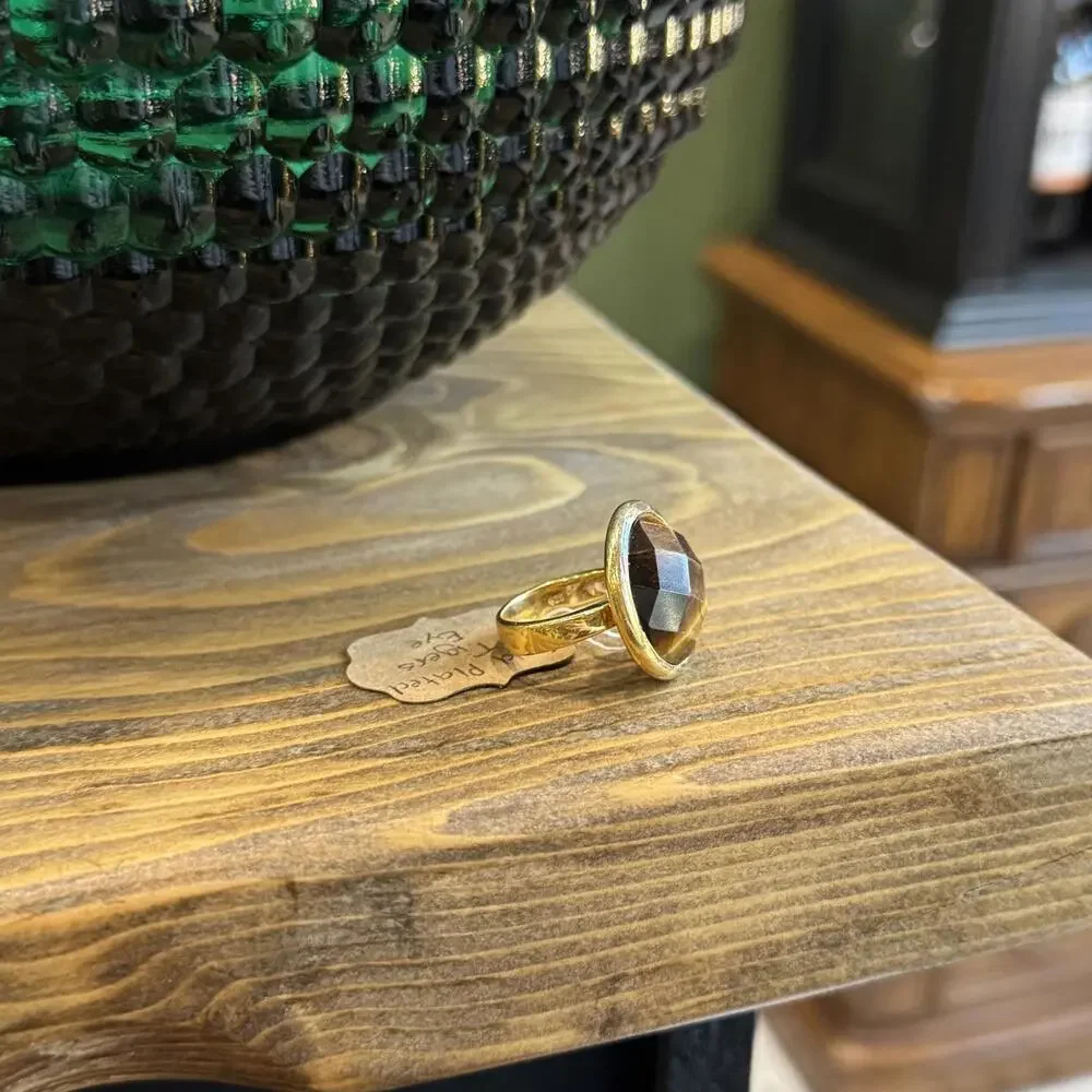 Vintage Gold Plated‎ Tigers Eye Ring Large Stone Jewelry Statement Single